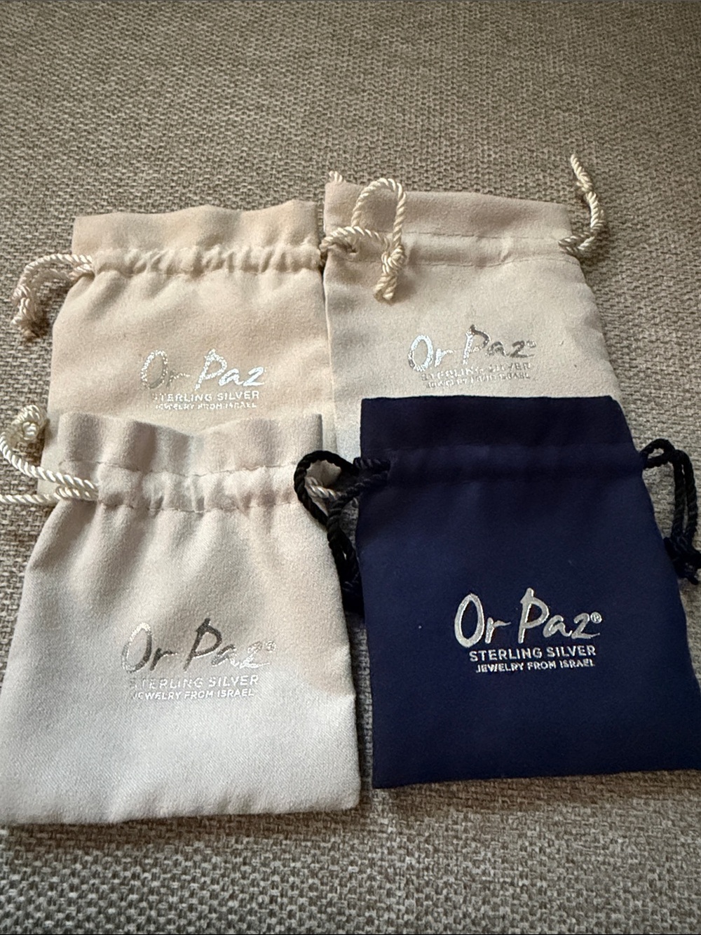 Or Paz Drawstring Jewelry Pouches in Beige and Navy